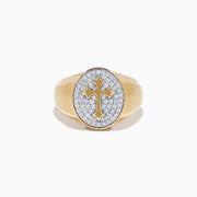 Introducing the Men's 14K Yellow Gold Diamond Cross Signet Ring—a sophisticated men's signet ring crafted from 14K yellow gold, showcasing an oval face with a bold cross cutout over a surface set with sparkling small diamonds. This elegant piece makes a striking statement of style and faith.