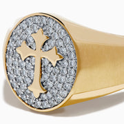 Introducing the Men's 14K Yellow Gold Diamond Cross Signet Ring—a sophisticated men's signet ring crafted from 14K yellow gold, showcasing an oval face with a bold cross cutout over a surface set with sparkling small diamonds. This elegant piece makes a striking statement of style and faith.