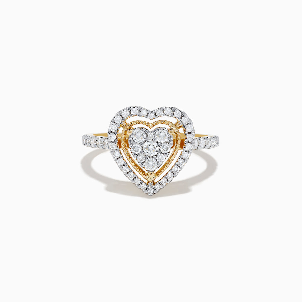 A stunning Novelty 14K Yellow Gold Heart Diamond Ring 0.57 TCW, featuring two diamond-encrusted heart outlines and a central diamond cluster, elegantly set against a white background.