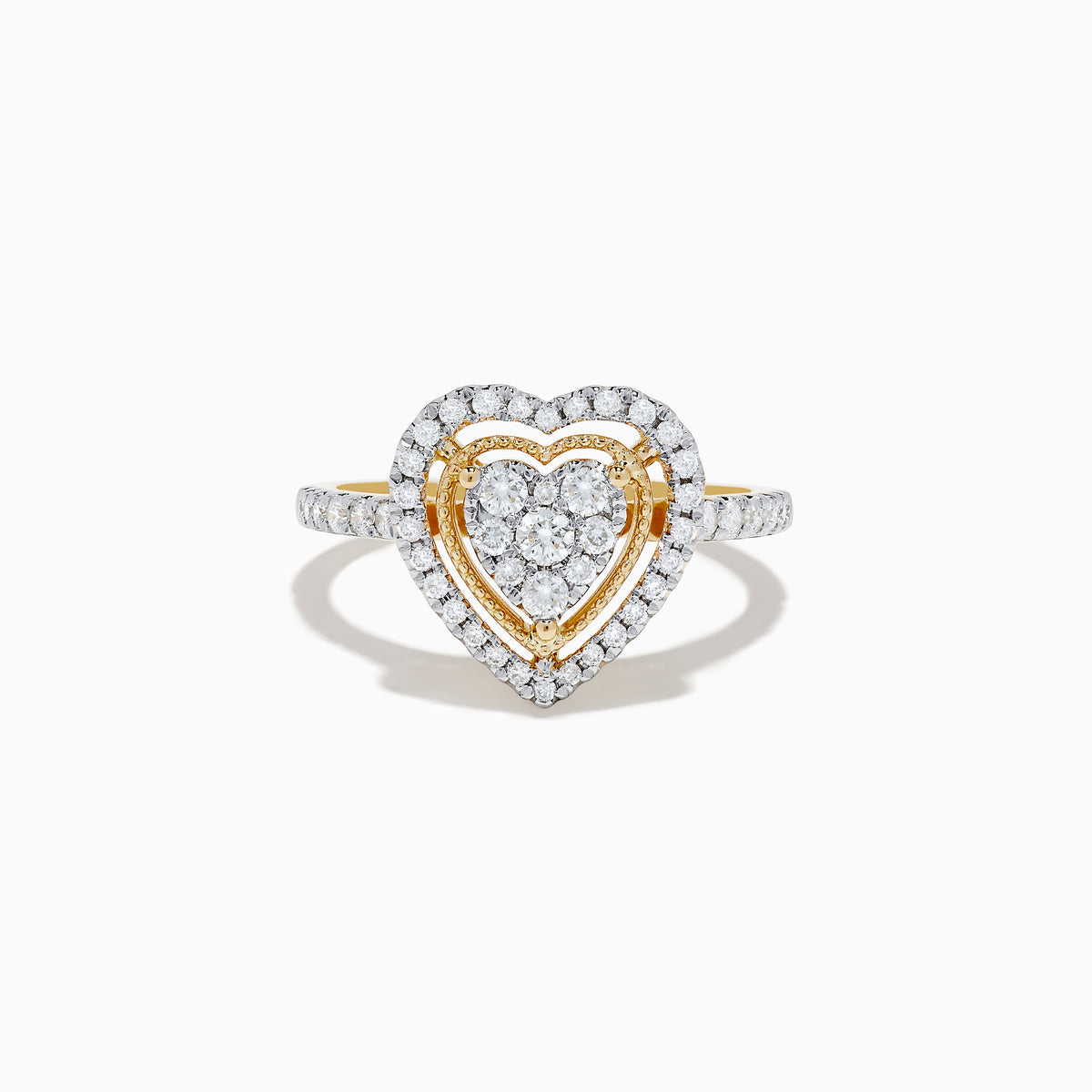 A stunning Novelty 14K Yellow Gold Heart Diamond Ring 0.57 TCW, featuring two diamond-encrusted heart outlines and a central diamond cluster, elegantly set against a white background.