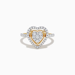 A stunning Novelty 14K Yellow Gold Heart Diamond Ring 0.57 TCW, featuring two diamond-encrusted heart outlines and a central diamond cluster, elegantly set against a white background.
