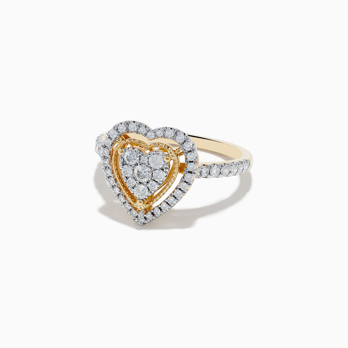A stunning Novelty 14K Yellow Gold Heart Diamond Ring 0.57 TCW, featuring two diamond-encrusted heart outlines and a central diamond cluster, elegantly set against a white background.
