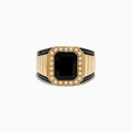 The Mens 14K Yellow Gold Onyx and Diamond Ring showcases a bold rectangular onyx centerpiece, accented by clear diamonds and black stones elegantly set along the band.
