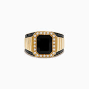 The Mens 14K Yellow Gold Onyx and Diamond Ring showcases a bold rectangular onyx centerpiece, accented by clear diamonds and black stones elegantly set along the band.