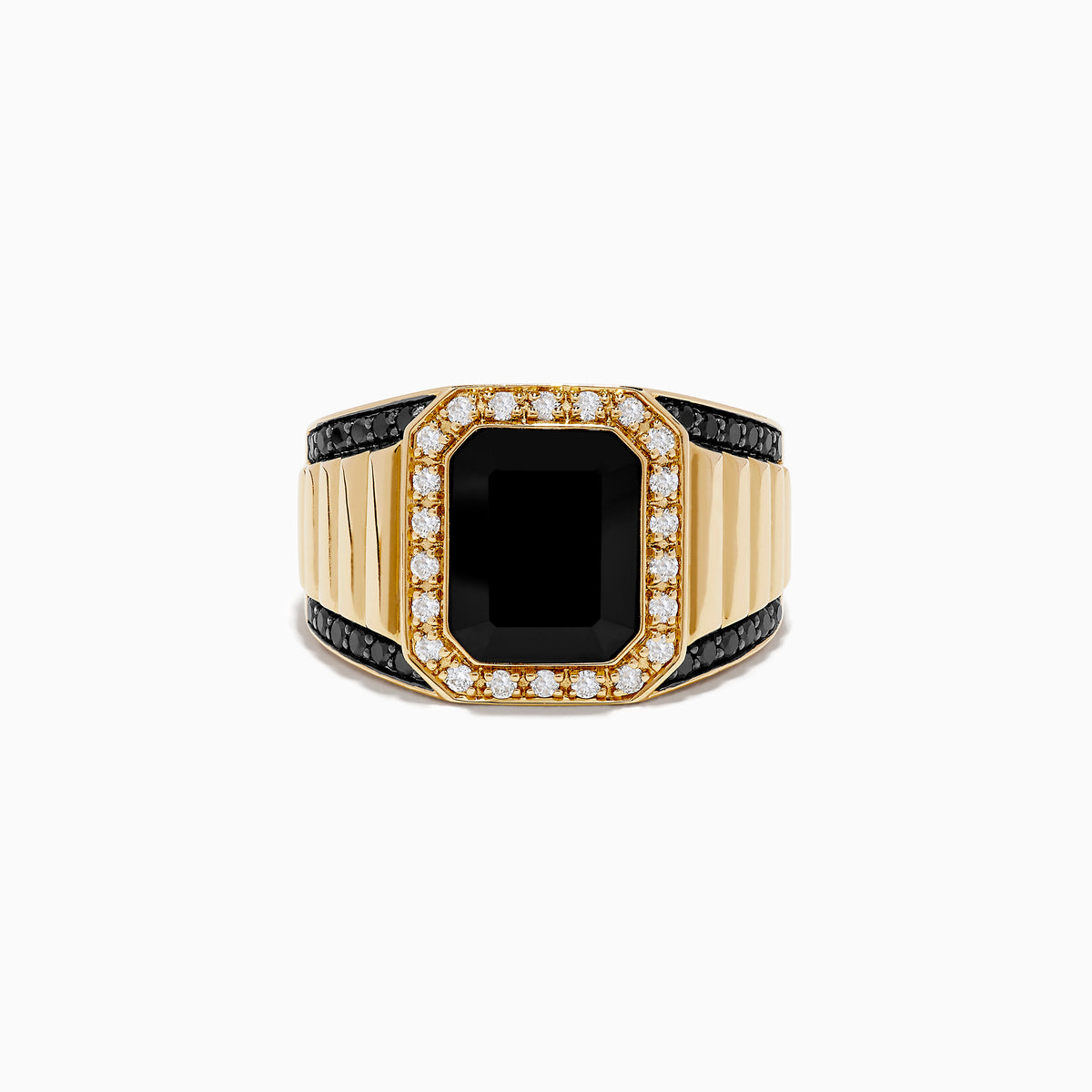 The Mens 14K Yellow Gold Onyx and Diamond Ring showcases a bold rectangular onyx centerpiece, accented by clear diamonds and black stones elegantly set along the band.