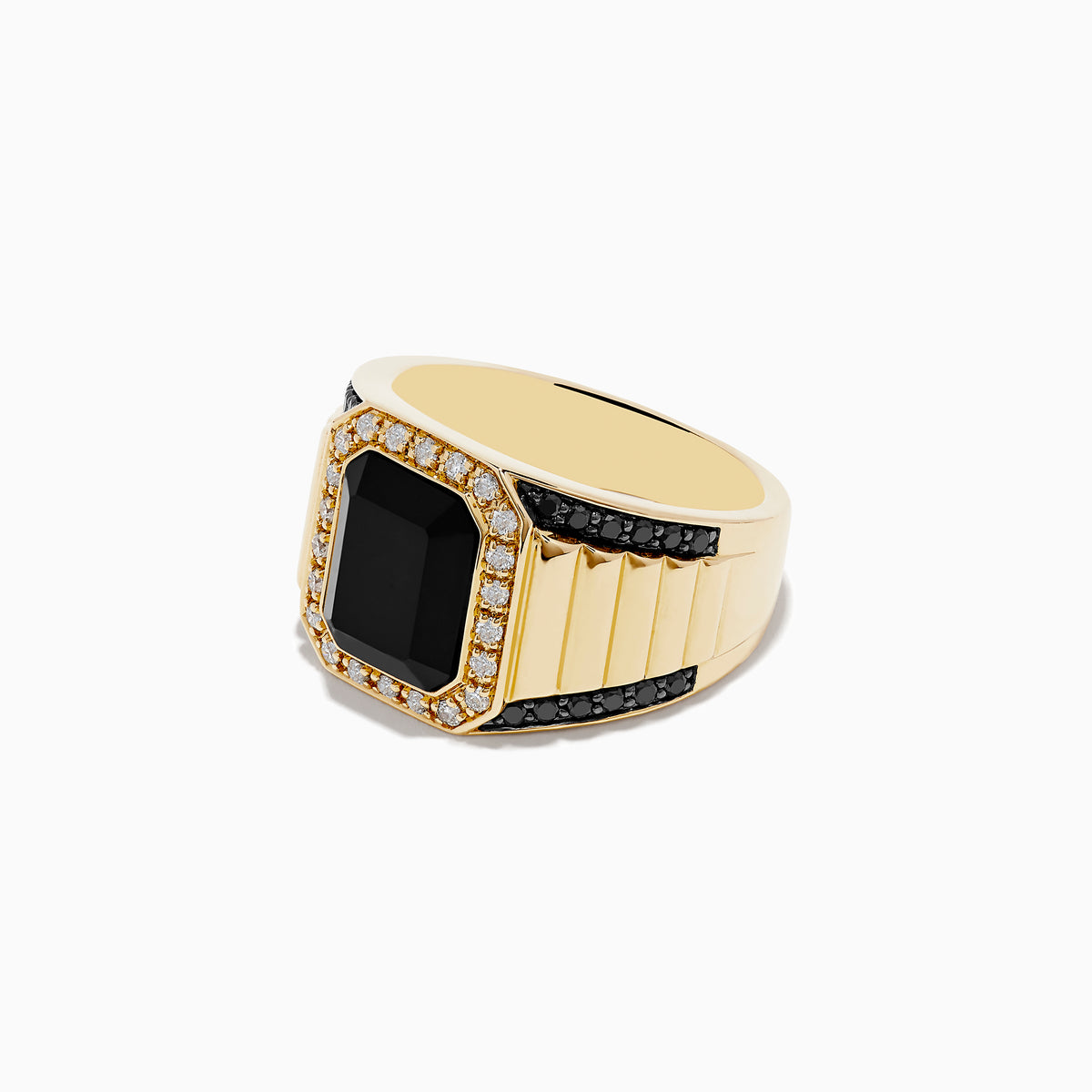 The Mens 14K Yellow Gold Onyx and Diamond Ring showcases a bold rectangular onyx centerpiece, accented by clear diamonds and black stones elegantly set along the band.