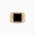 Mens 14K Yellow Gold Onyx and Diamond Ring featuring a bold black onyx center, bordered by two rows of sparkling diamonds and accented with vertical grooves along the band for a standout look.