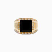 Mens 14K Yellow Gold Onyx and Diamond Ring featuring a bold black onyx center, bordered by two rows of sparkling diamonds and accented with vertical grooves along the band for a standout look.