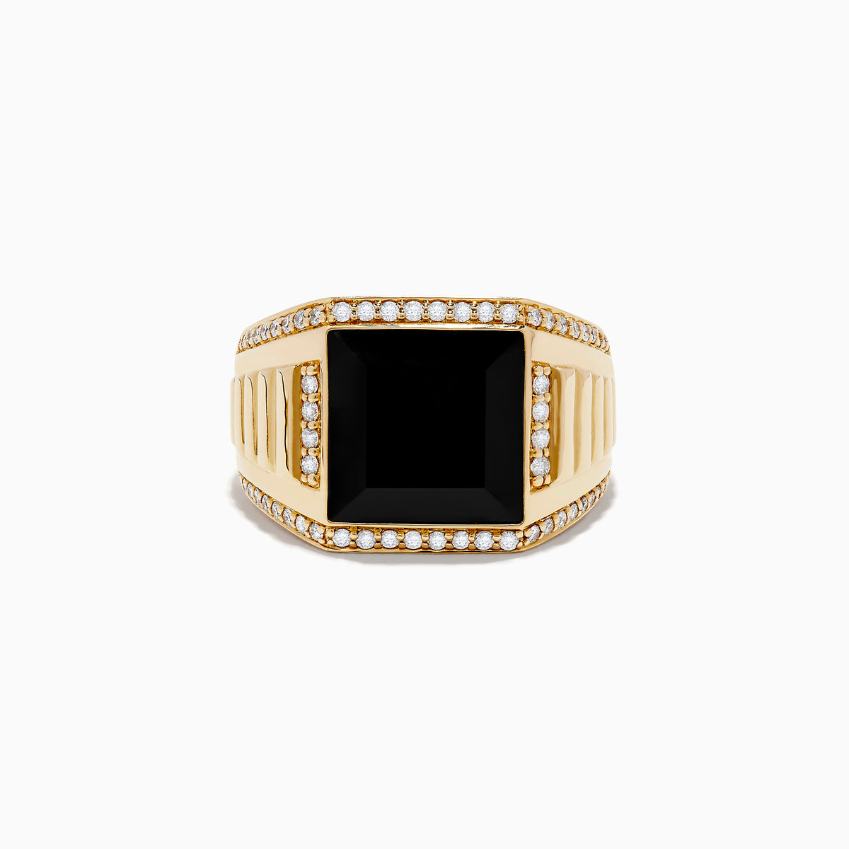 Mens 14K Yellow Gold Onyx and Diamond Ring featuring a bold black onyx center, bordered by two rows of sparkling diamonds and accented with vertical grooves along the band for a standout look.