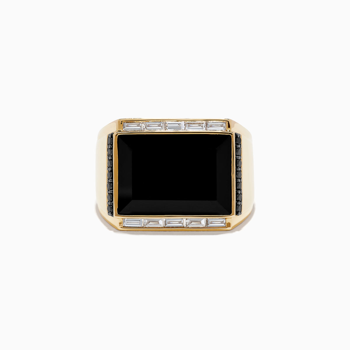 The Mens 14K Yellow Gold Onyx and Diamond Ring features a large rectangular onyx centerpiece, framed by rows of baguette-cut diamonds on a thick, glossy band with a bold modern design.
