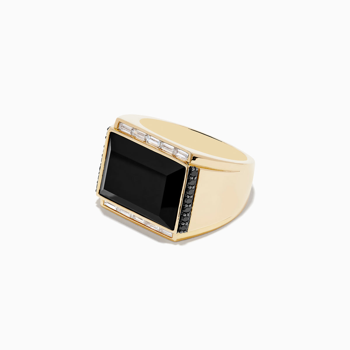 The Mens 14K Yellow Gold Onyx and Diamond Ring features a large rectangular onyx centerpiece, framed by rows of baguette-cut diamonds on a thick, glossy band with a bold modern design.