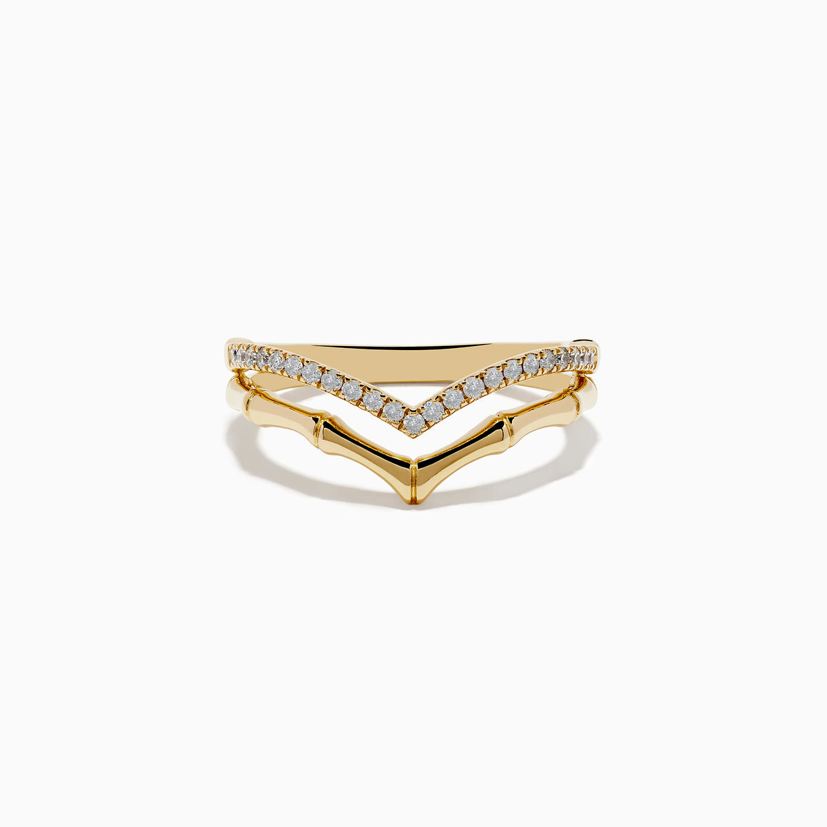 Two stacked Doro 14K Yellow Gold Diamond Rings: the top has a V-shape with diamonds, while the bottom displays a polished chevron. Both are shown on a white background.