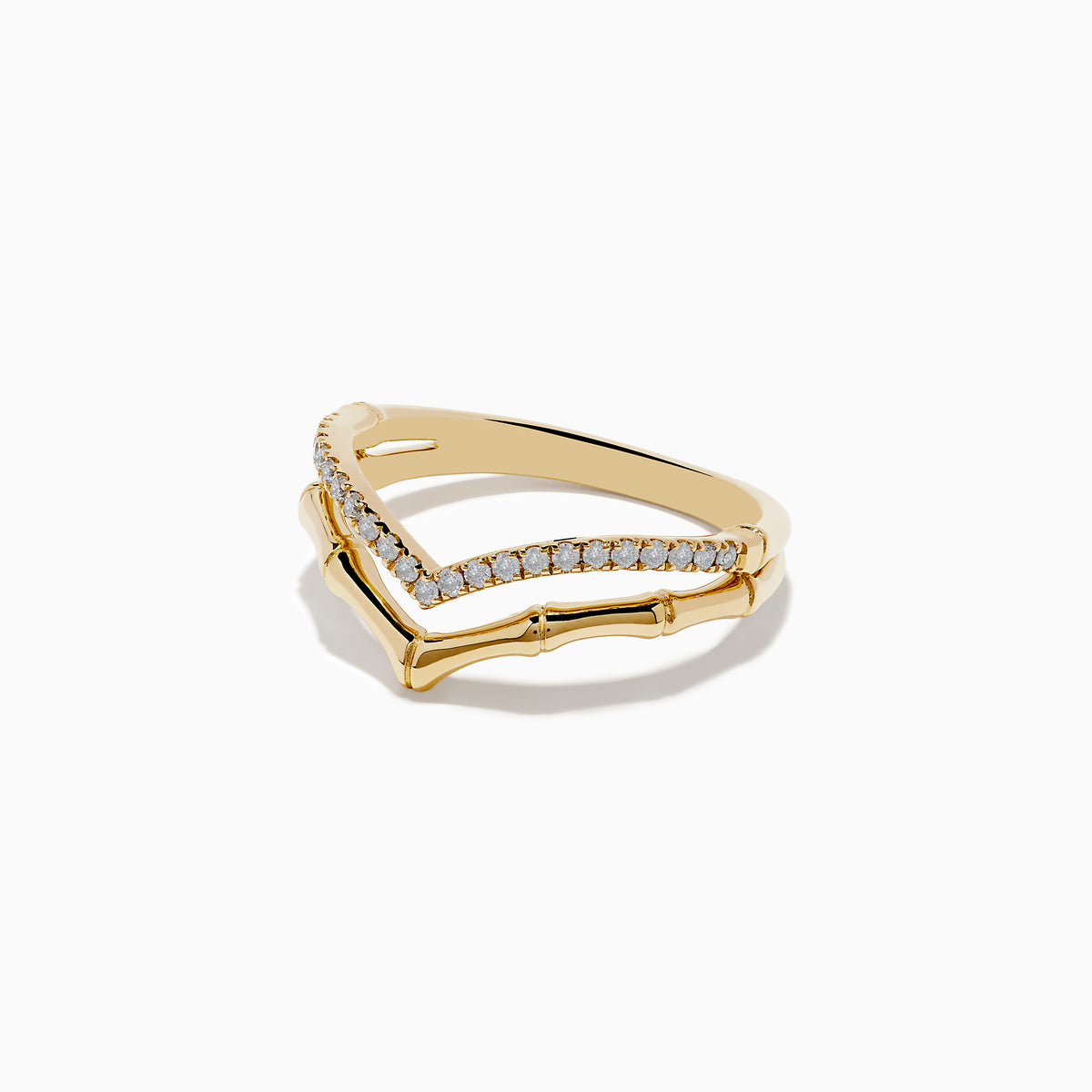 Two stacked Doro 14K Yellow Gold Diamond Rings: the top has a V-shape with diamonds, while the bottom displays a polished chevron. Both are shown on a white background.