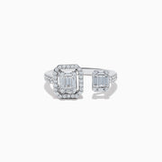 The Classique 14K White Gold Diamond Ring (0.59 TCW) features two emerald-cut diamonds and smaller round diamonds on an open band, displayed against a white background.