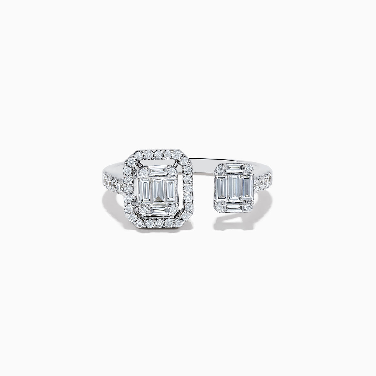 The Classique 14K White Gold Diamond Ring (0.59 TCW) features two emerald-cut diamonds and smaller round diamonds on an open band, displayed against a white background.