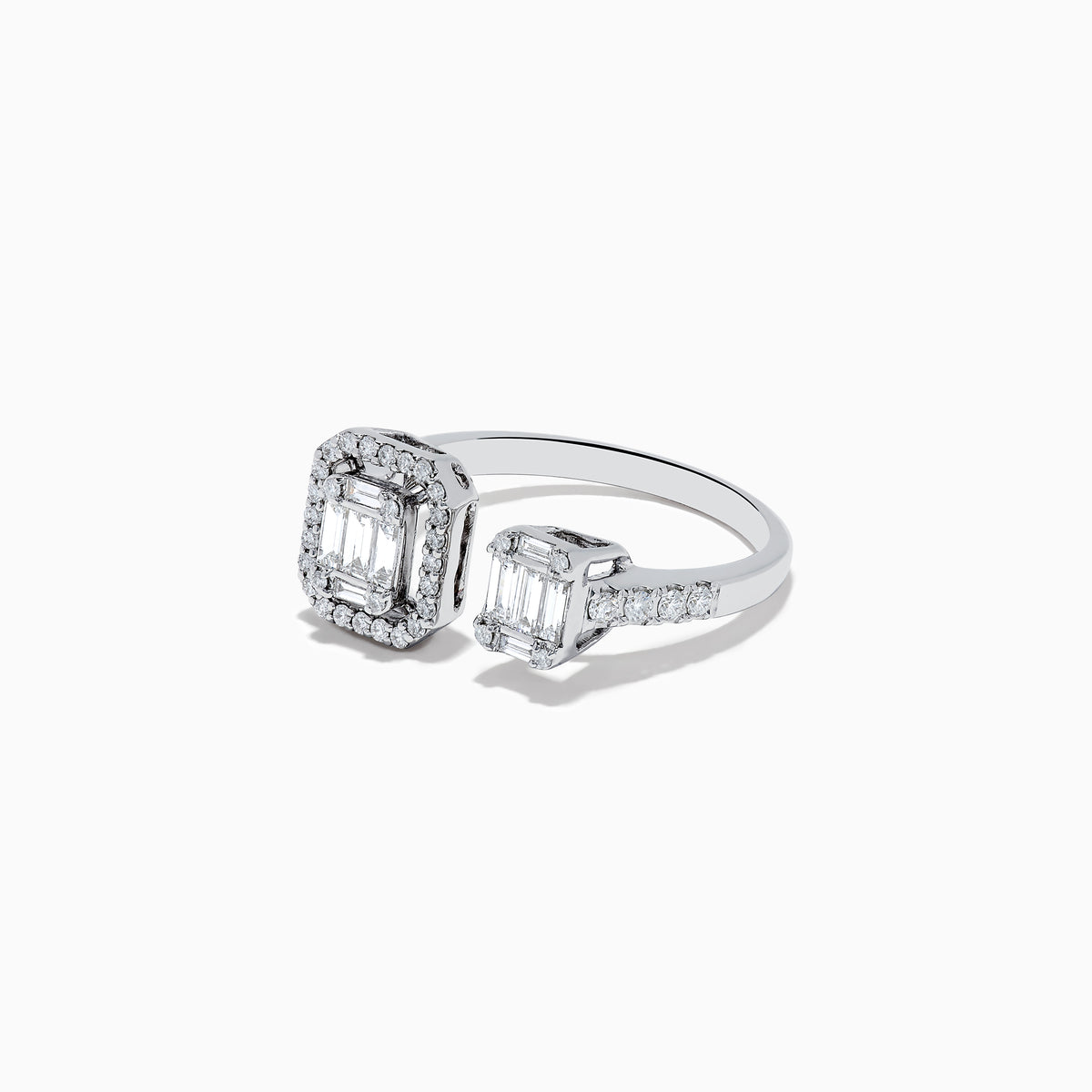 The Classique 14K White Gold Diamond Ring (0.59 TCW) features two emerald-cut diamonds and smaller round diamonds on an open band, displayed against a white background.