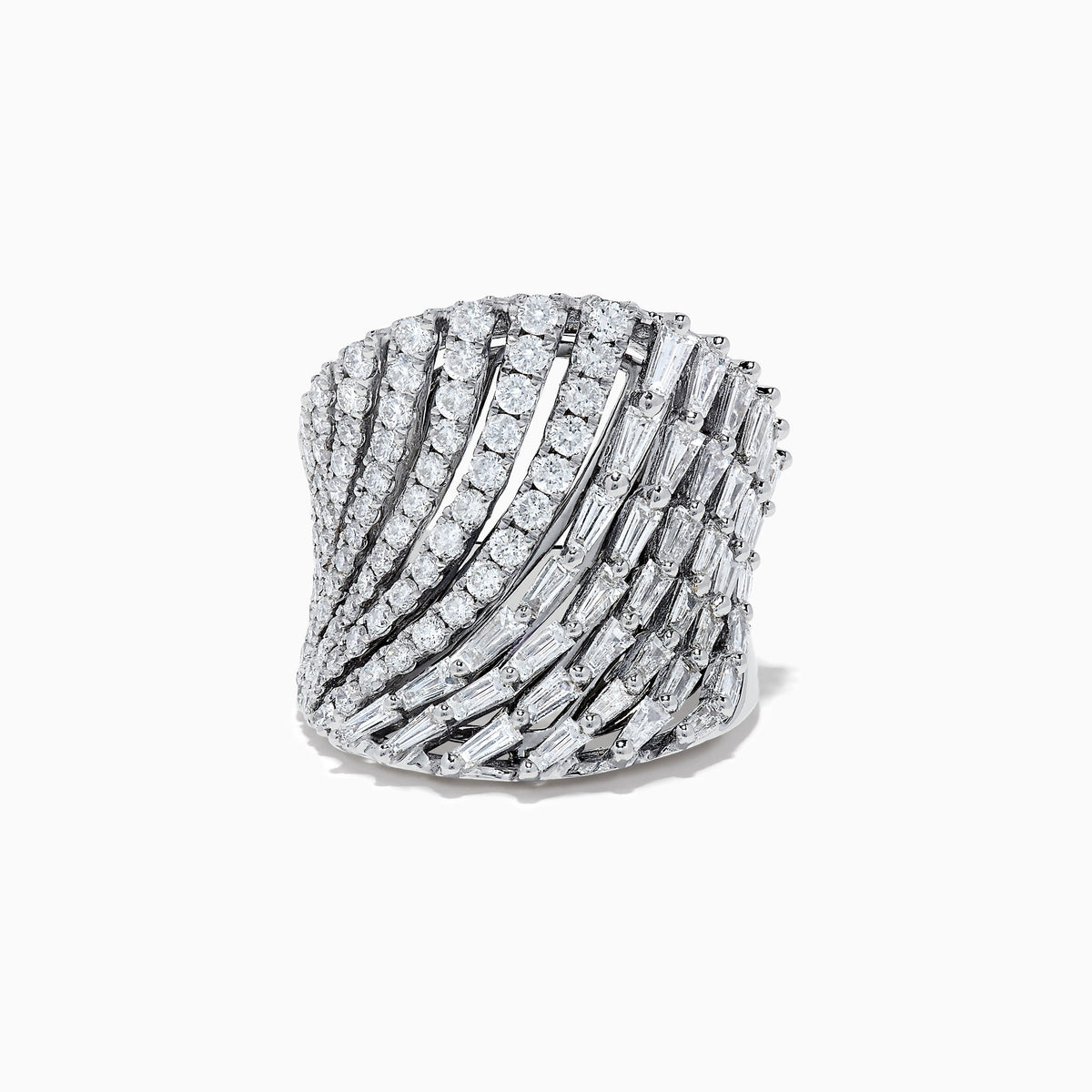The Pave Classica 14K White Gold Diamond Art Deco Statement Ring (2.36 TCW) features diagonal rows of round and baguette-cut diamonds in elegant, wave-like patterns on a sleek white gold band.