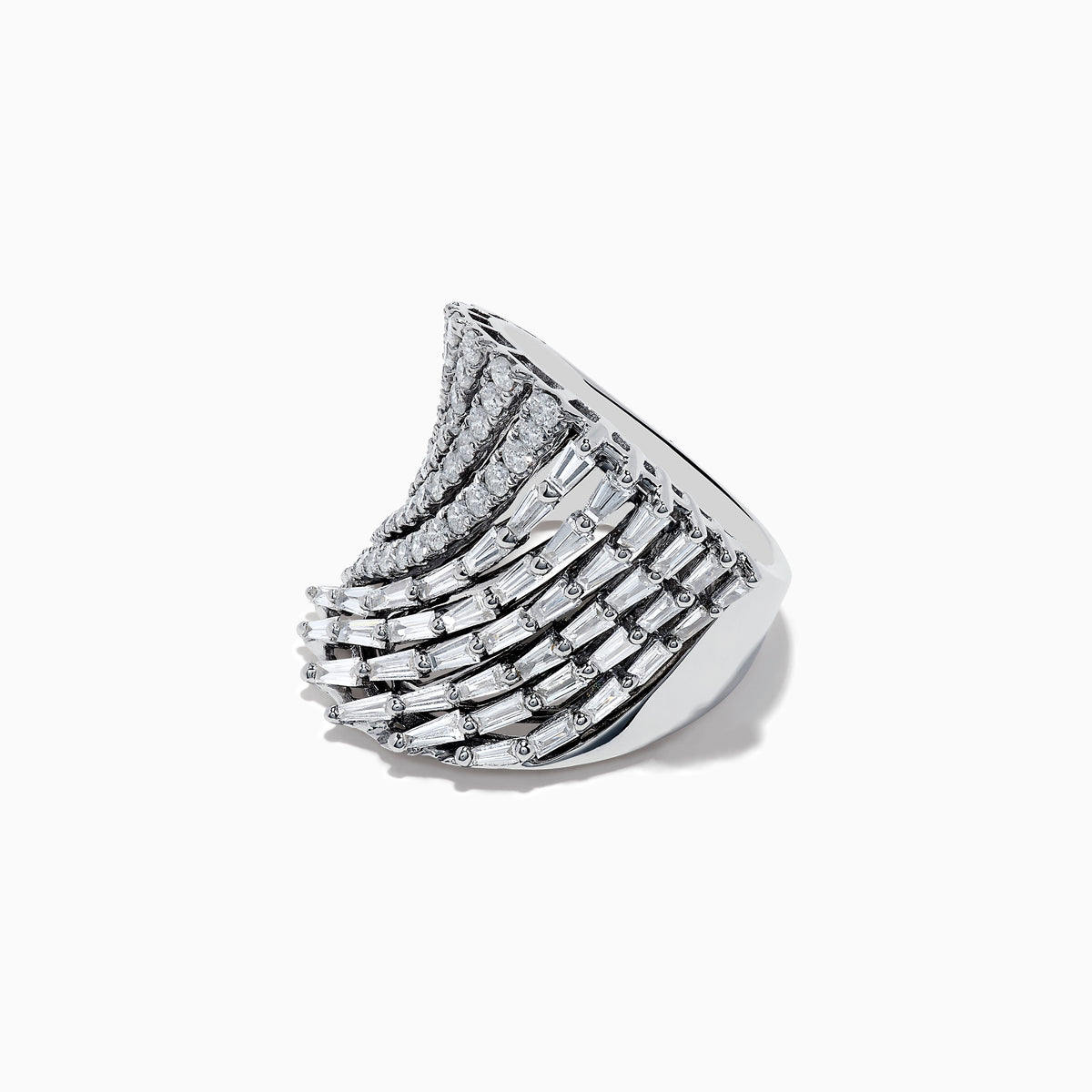 The Pave Classica 14K White Gold Diamond Art Deco Statement Ring (2.36 TCW) features diagonal rows of round and baguette-cut diamonds in elegant, wave-like patterns on a sleek white gold band.