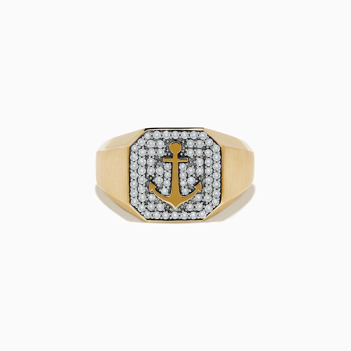 The Mens 14K Yellow Gold Diamond Anchor Ring features a flat octagonal face with a black and gold anchor design, accented by sparkling clear stones for a bold and striking look.