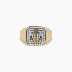 The Mens 14K Yellow Gold Diamond Anchor Ring features a flat octagonal face with a black and gold anchor design, accented by sparkling clear stones for a bold and striking look.