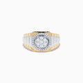 The Men's 14K Two Tone Gold Diamond Signet Ring features a round cluster of center diamonds, surrounded by a halo of smaller diamonds on a textured band.