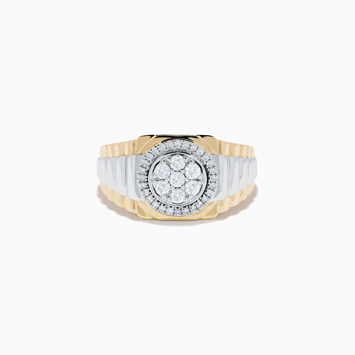 The Men's 14K Two Tone Gold Diamond Signet Ring features a round cluster of center diamonds, surrounded by a halo of smaller diamonds on a textured band.