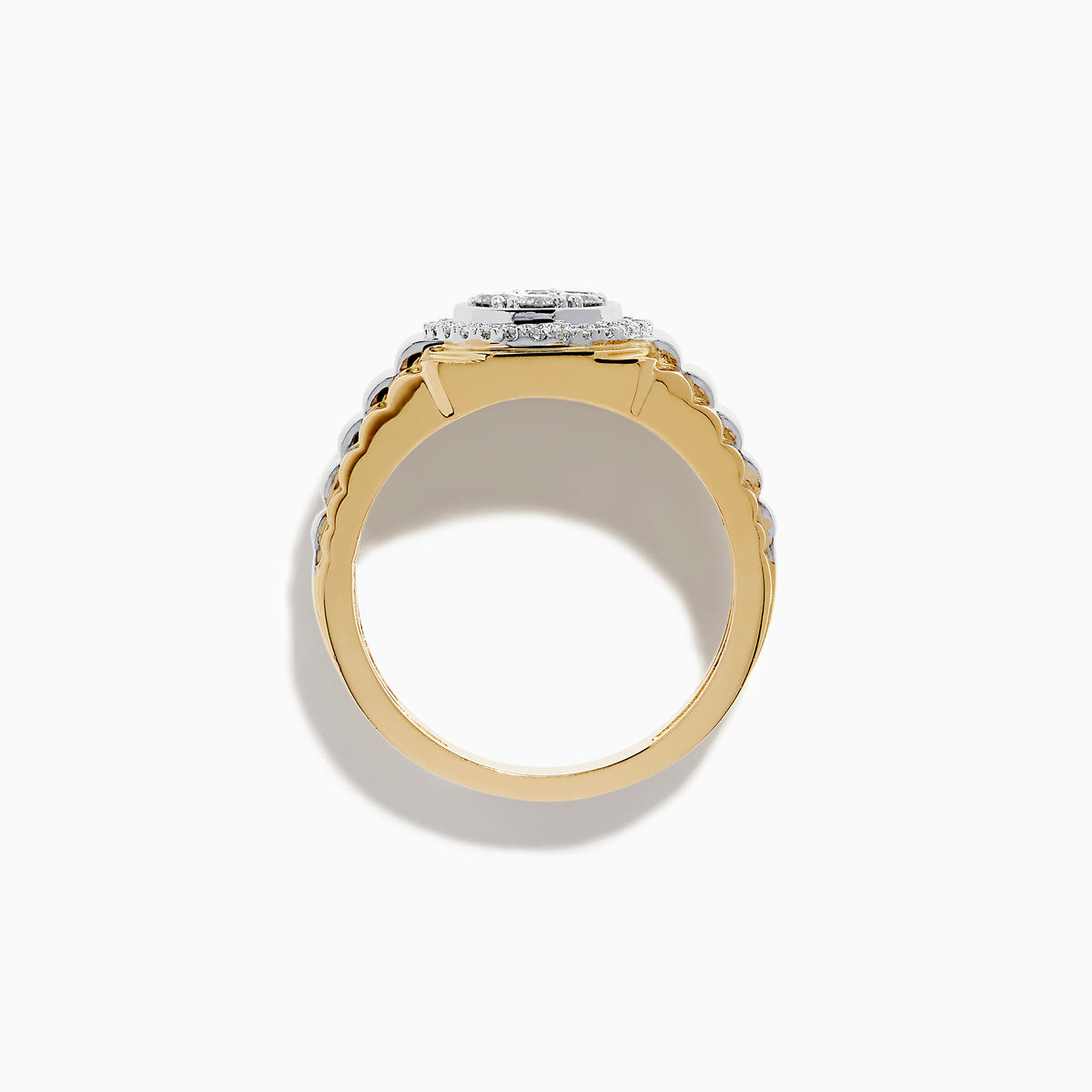The Men's 14K Two Tone Gold Diamond Signet Ring features a round cluster of center diamonds, surrounded by a halo of smaller diamonds on a textured band.
