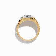 The Men's 14K Two Tone Gold Diamond Signet Ring features a round cluster of center diamonds, surrounded by a halo of smaller diamonds on a textured band.