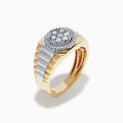 The Men's 14K Two Tone Gold Diamond Signet Ring features a round cluster of center diamonds, surrounded by a halo of smaller diamonds on a textured band.