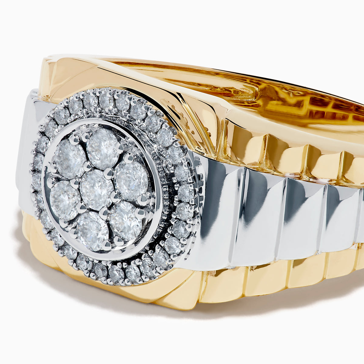 The Men's 14K Two Tone Gold Diamond Signet Ring features a round cluster of center diamonds, surrounded by a halo of smaller diamonds on a textured band.