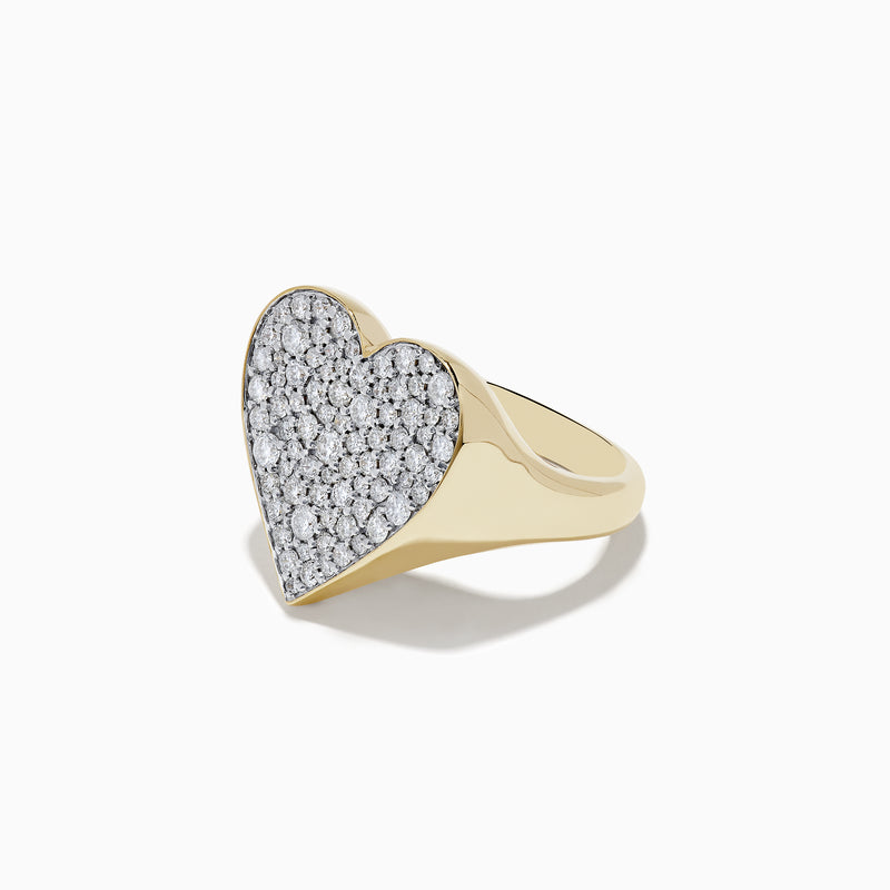The DOro 14k Yellow Gold Pave Heart Diamond Statement Ring features a large, heart-shaped top encrusted with sparkling white diamonds, shown against a white background.