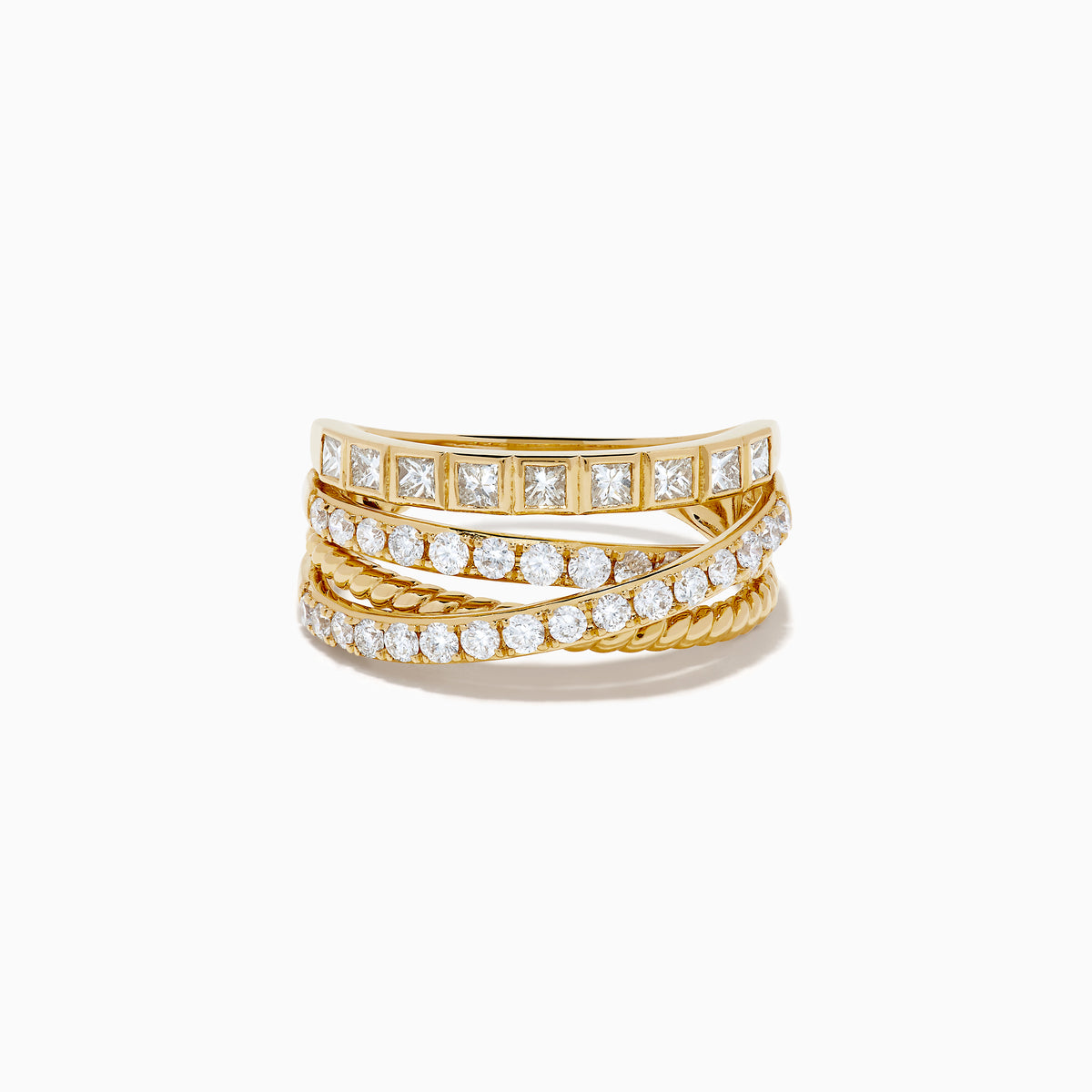 The 14K Yellow Gold Multi Shape Diamond Crossover Ring features stacked, textured bands with multi-shape diamonds and a twisted rope design, showcased against a white background.