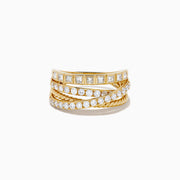 The 14K Yellow Gold Multi Shape Diamond Crossover Ring features stacked, textured bands with multi-shape diamonds and a twisted rope design, showcased against a white background.