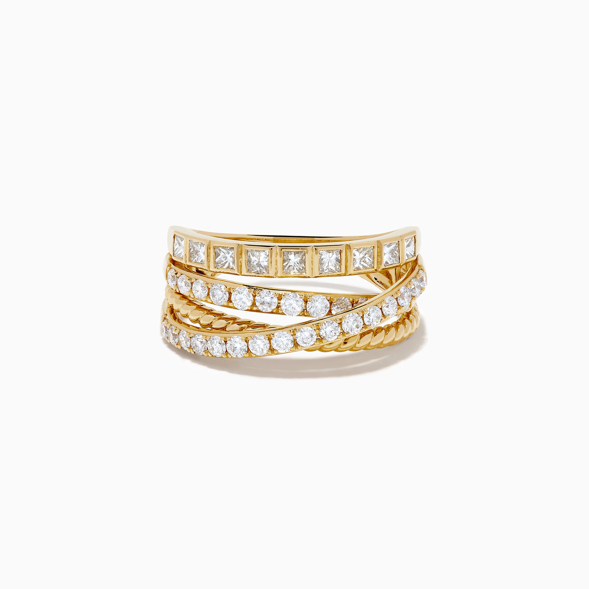 The 14K Yellow Gold Multi Shape Diamond Crossover Ring features stacked, textured bands with multi-shape diamonds and a twisted rope design, showcased against a white background.