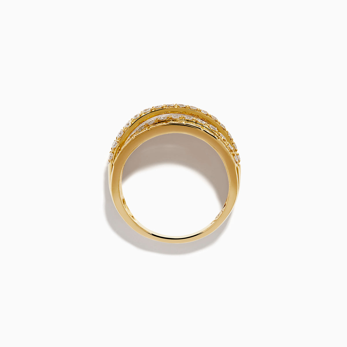 The 14K Yellow Gold Multi Shape Diamond Crossover Ring features stacked, textured bands with multi-shape diamonds and a twisted rope design, showcased against a white background.