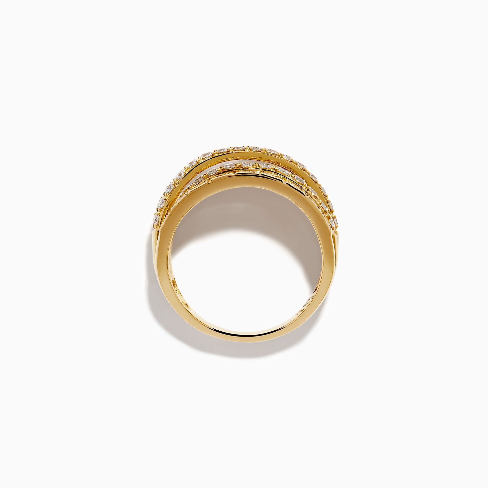 The 14K Yellow Gold Multi Shape Diamond Crossover Ring features stacked, textured bands with multi-shape diamonds and a twisted rope design, showcased against a white background.