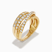 The 14K Yellow Gold Multi Shape Diamond Crossover Ring features stacked, textured bands with multi-shape diamonds and a twisted rope design, showcased against a white background.