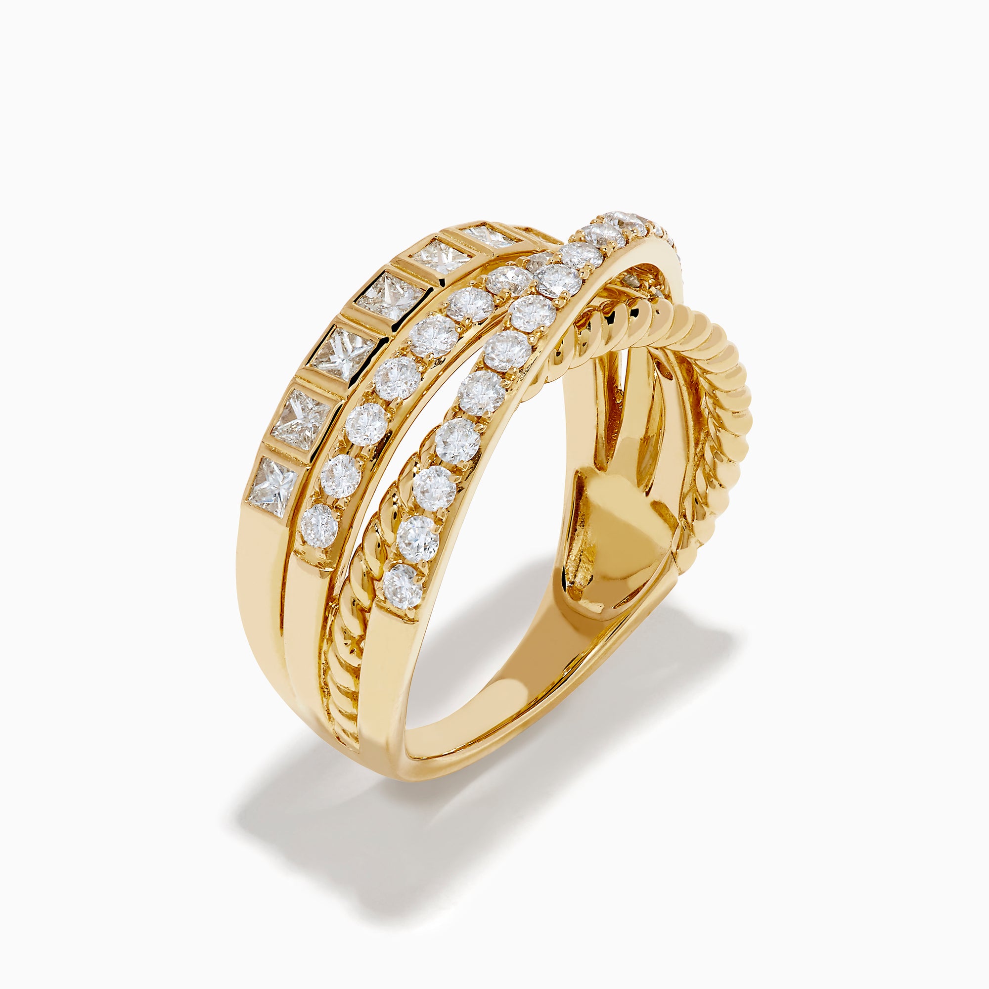 The 14K Yellow Gold Multi Shape Diamond Crossover Ring features stacked, textured bands with multi-shape diamonds and a twisted rope design, showcased against a white background.