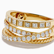 The 14K Yellow Gold Multi Shape Diamond Crossover Ring features stacked, textured bands with multi-shape diamonds and a twisted rope design, showcased against a white background.