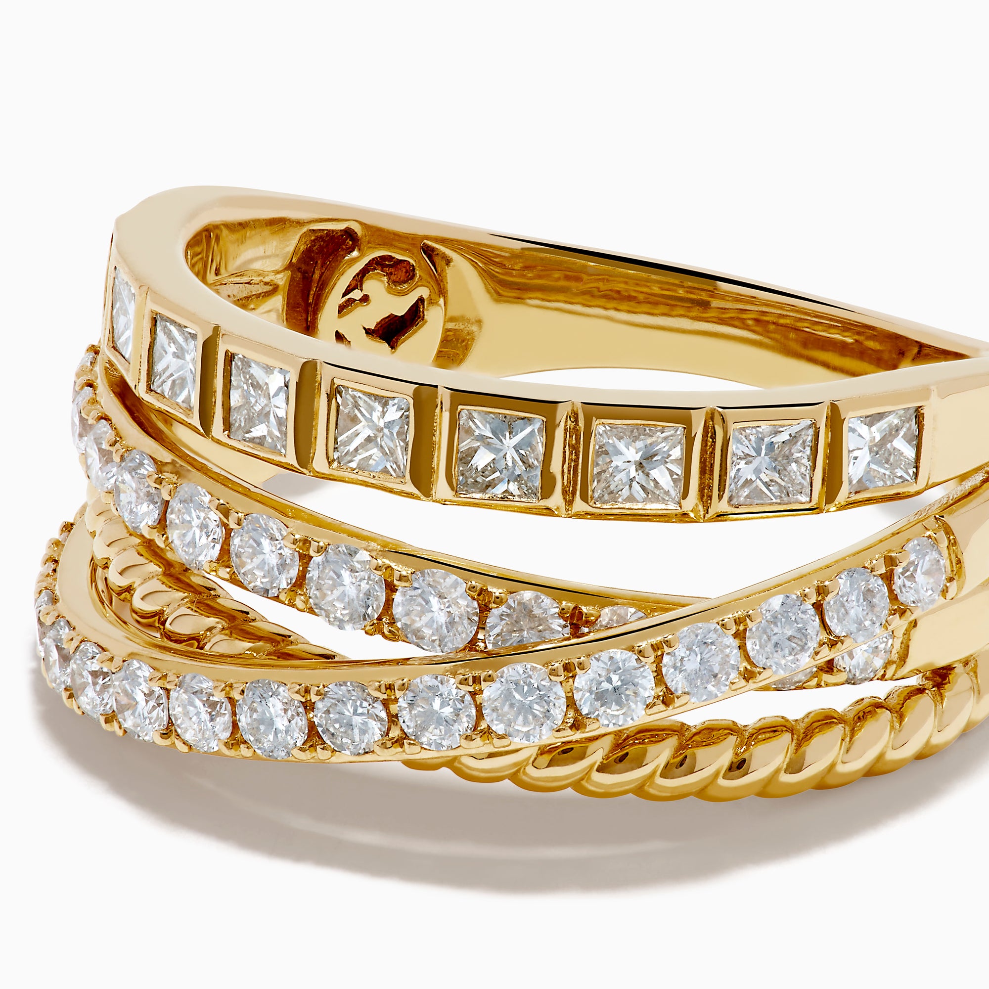 The 14K Yellow Gold Multi Shape Diamond Crossover Ring features stacked, textured bands with multi-shape diamonds and a twisted rope design, showcased against a white background.