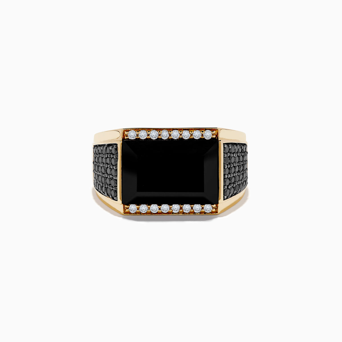 The Mens 14K Yellow Gold Black and White Diamond and Onyx Ring features a bold rectangular black onyx center, framed by white gemstones with black and white diamond accents along the sides of the band.