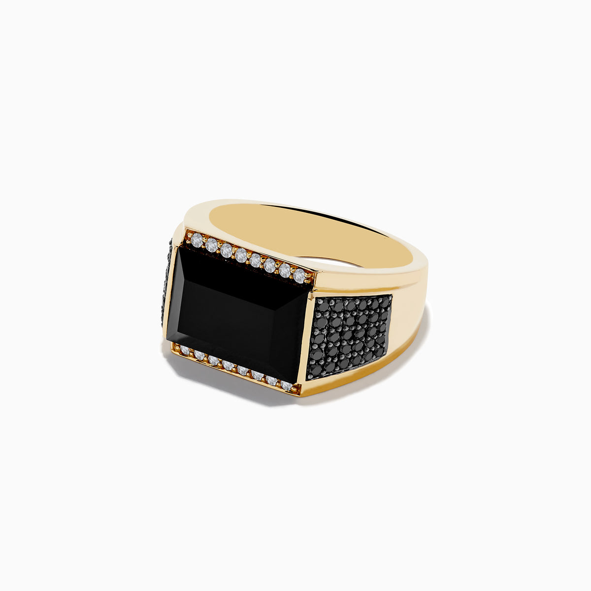 The Mens 14K Yellow Gold Black and White Diamond and Onyx Ring features a bold rectangular black onyx center, framed by white gemstones with black and white diamond accents along the sides of the band.