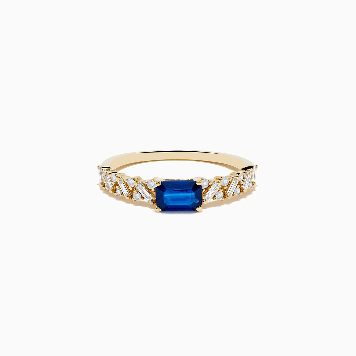 The 14K Yellow Gold Sapphire and Diamond Ring features a square-cut sapphire center with baguette and round-cut diamonds on the band, shown against a white background.
