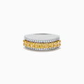 The Canare 18k Two Tone Gold Cushion Cut Yellow Diamond Band (1.70 TCW) features a central row of cushion cut yellow diamonds, bordered by two rows of small clear diamonds, set against polished gold.