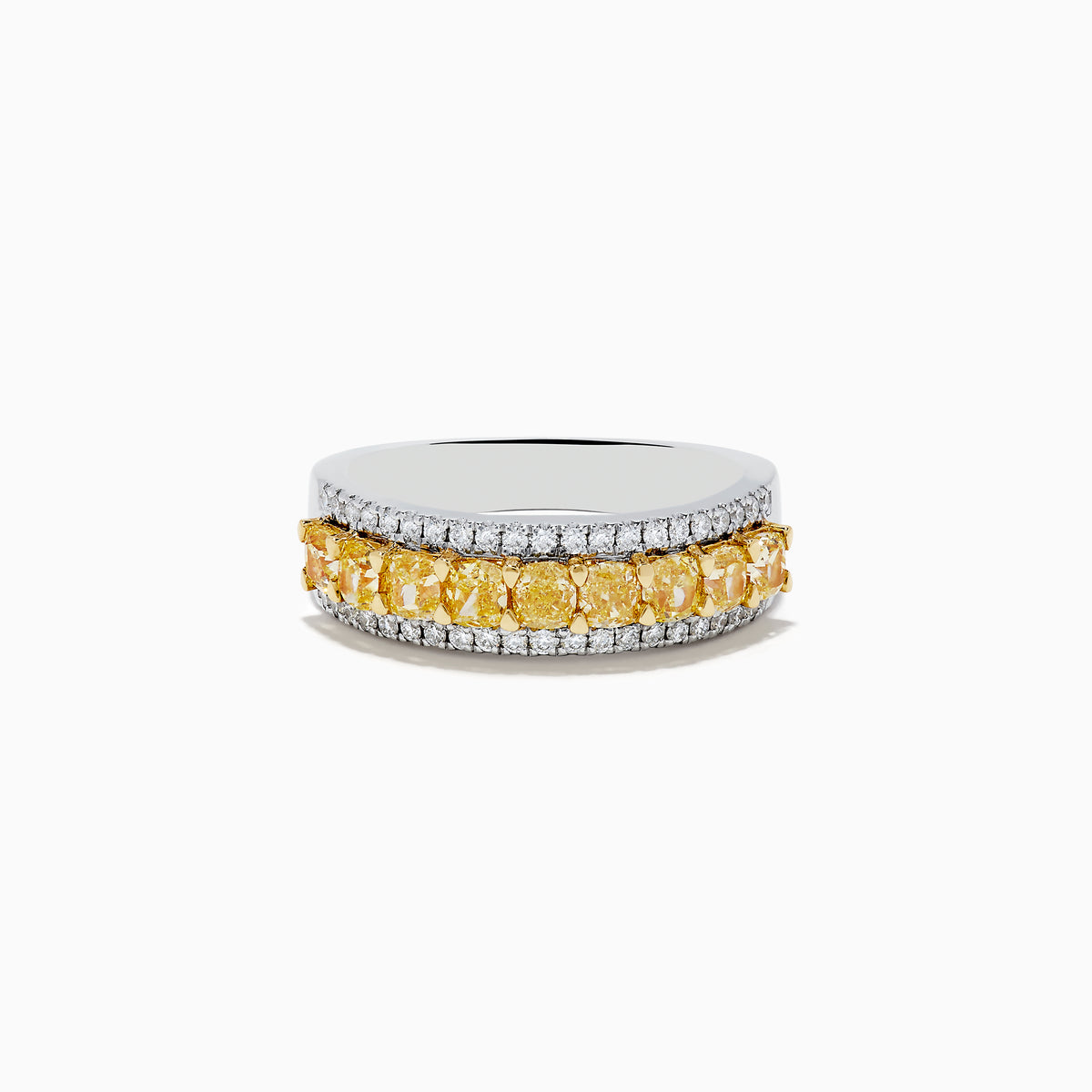 The Canare 18k Two Tone Gold Cushion Cut Yellow Diamond Band (1.70 TCW) features a central row of cushion cut yellow diamonds, bordered by two rows of small clear diamonds, set against polished gold.