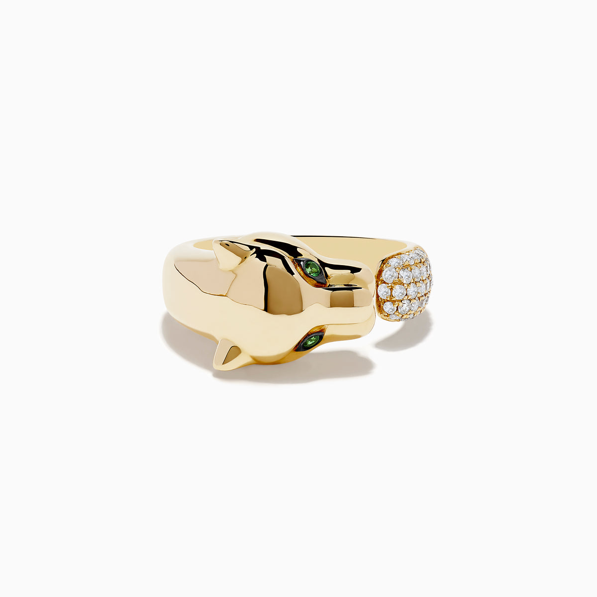 The Signature 14K Yellow Gold Diamond and Tsavorite Panther Ring features a panther head with green tsavorite eyes, black detailing, and a diamond-encrusted open band, sparkling elegantly against a white background.