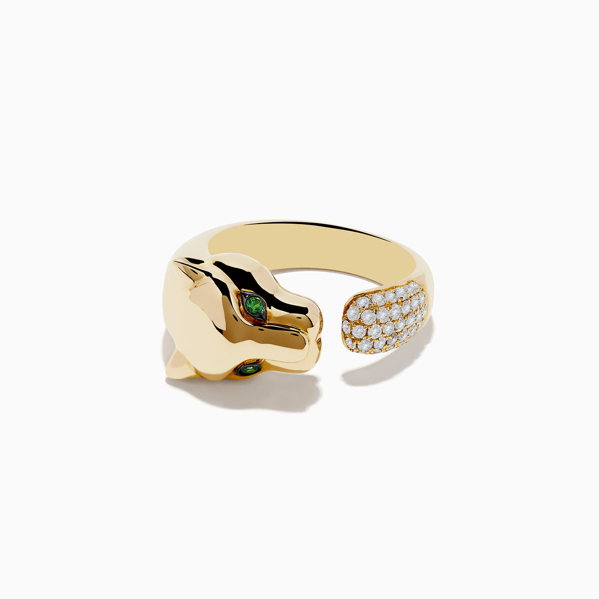 The Signature 14K Yellow Gold Diamond and Tsavorite Panther Ring features a panther head with green tsavorite eyes, black detailing, and a diamond-encrusted open band, sparkling elegantly against a white background.