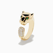 The Signature 14K Yellow Gold Diamond and Tsavorite Panther Ring features a panther head with green tsavorite eyes, black detailing, and a diamond-encrusted open band, sparkling elegantly against a white background.