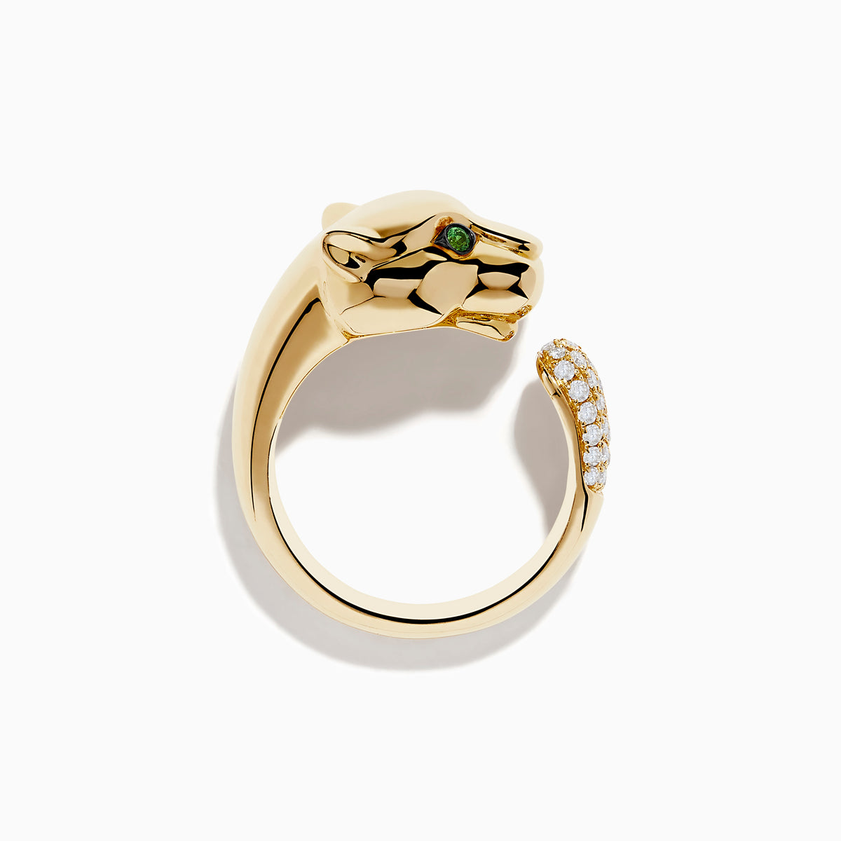 The Signature 14K Yellow Gold Diamond and Tsavorite Panther Ring features a panther head with green tsavorite eyes, black detailing, and a diamond-encrusted open band, sparkling elegantly against a white background.