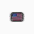 The Mens Sterling Silver Black Diamond, Ruby, Sapphire Air Force Ring features a rectangular design with the American flag motif, accented by black diamonds, rubies, and sapphires to represent the flags colors.